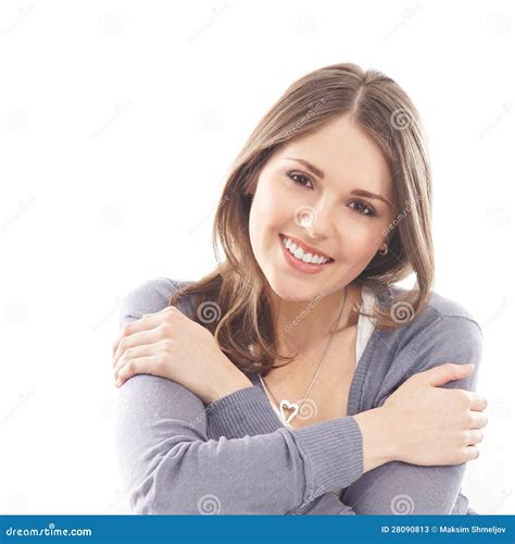 Portrait Of A Brunette Woman In A Blue Sweater Stock Image Image Of Modern Blue 28090813