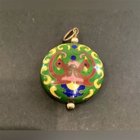 Vintage Chinese Cloisonn Double Bird Round Pendant Do Gem