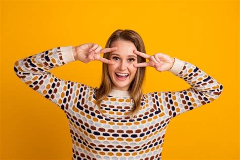 Premium Photo Photo Of Amazing Lady Showing Vsign Symbols Near Eyes