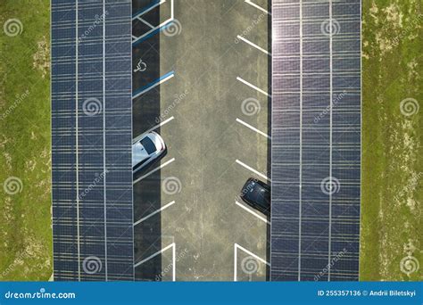 Aerial View Of Solar Panels Installed As Shade Roof Over Parking Lot