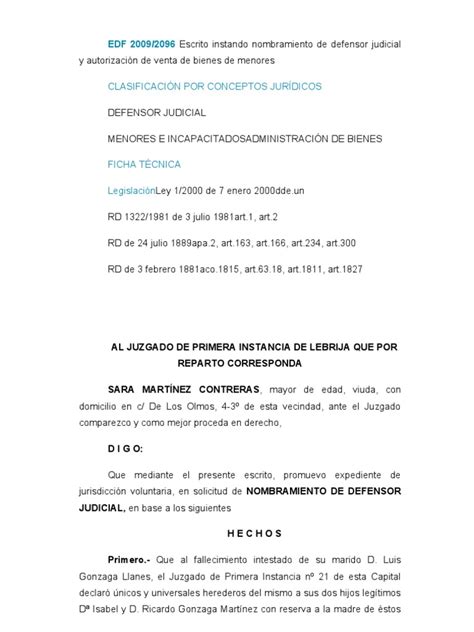 Escrito Instando Nombramiento De Defensor Judicial Y Autorización De Venta De Bienes De Menores