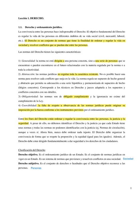 Apuntes Lección 1 Derecho Lección 1 Derecho 1 Derecho Y Ordenamiento Jurídico La