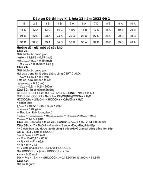 Đáp án Năm 2022 Đề 1 Hóa Sinh Đáp án Đề Thi Học Kì 1 Hóa 12 Năm 2022 Đề 1 1 B 2 B 3 B 4 B 5