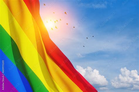 Waving Lgbt Pride Flag On The Blue Sky With Flying Birds Rainbow Flag