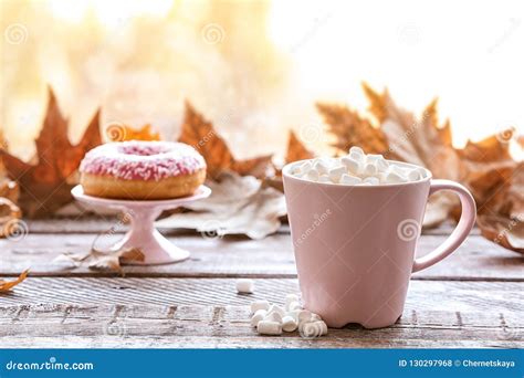Composition With Cup Of Hot Cozy Drink And Autumn Leaves On Windowsill Stock Photo Image Of