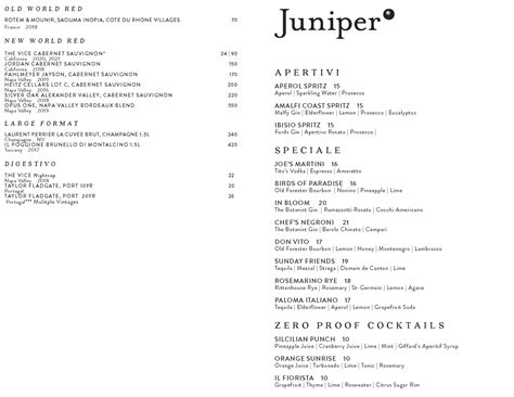 Beverage Menu - Juniper Italian Cuisine