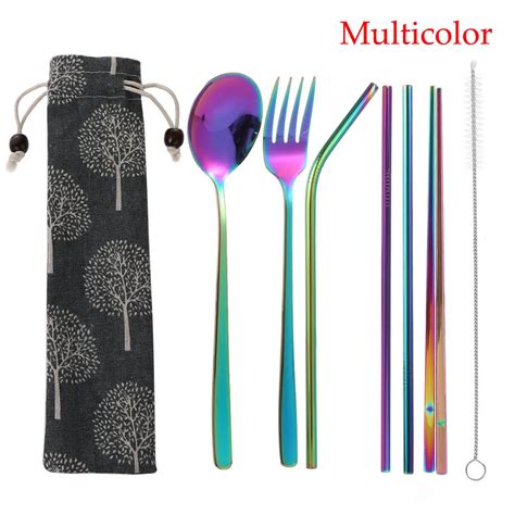 7pcs Set Reusable Stainless Steel Metal Straw Portable Spoon Fork Chopsticks Set Travel Outdoor