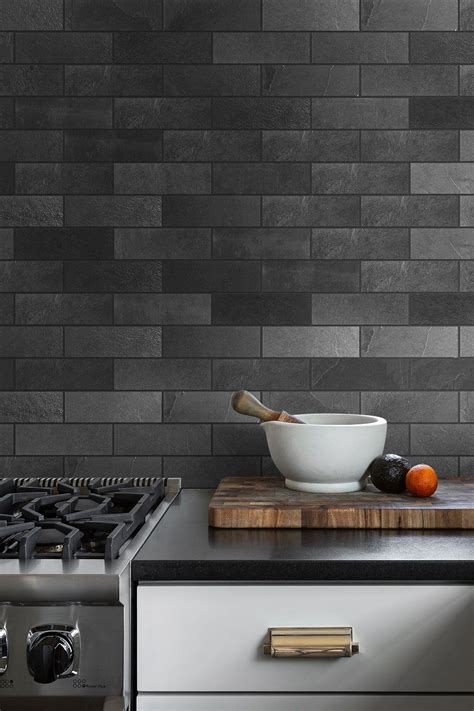 Black Dark Gray Slate Backsplash Tile Subway Slate Backsplash