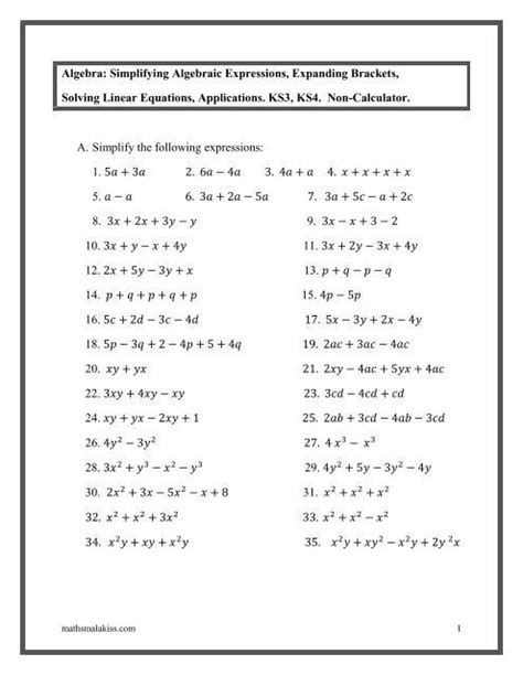 Simplifying Algebraic Expressions Worksheets