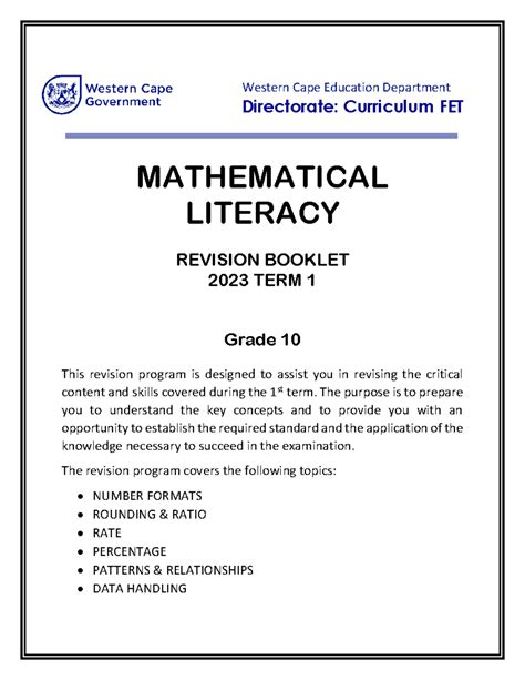 Mathematical Literacy Grade 10 Term 1 Western Cape Education Department Directorate