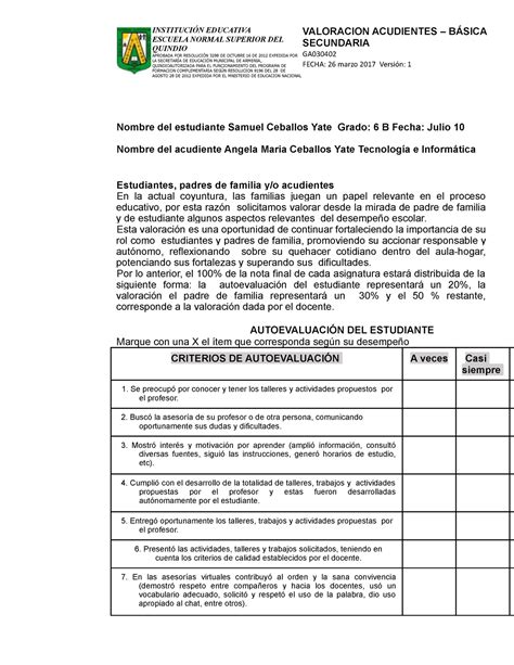 Formato DE Autoevaluación Secundaria y Media INSTITUCIÓN EDUCATIVA