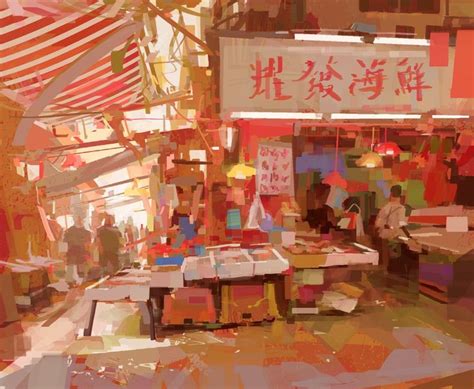 An Abstract Painting Of People Shopping In A Market Place With