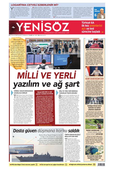 Yeni Söz Gazetesi 22 Temmuz 2024 Pazartesi Günü Manşeti