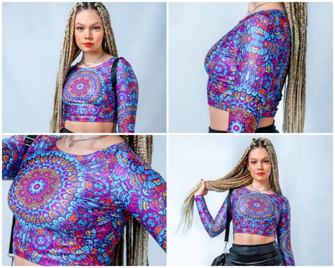 Cropped Manga Longa Psicodélico Mandala Étnica