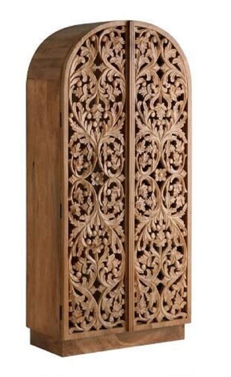 Arched Natural Color Floral Hand Carved Wood Almirah Handmade Wooden