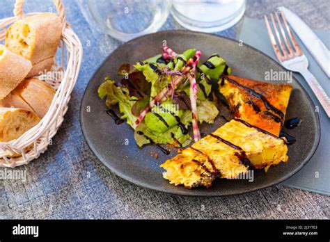 Traditional Spanish Potato Chorizo Tortillas With Lettuce Closeup Stock