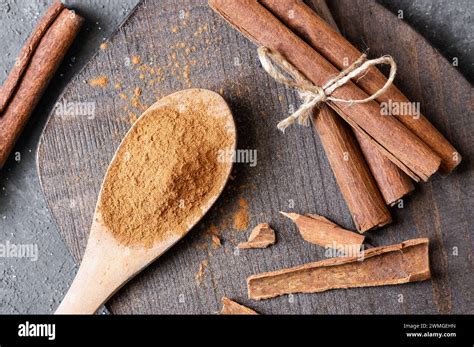 Cinnamon Sticks And Cinnamon Powder On Rustic Background Healthy Spice