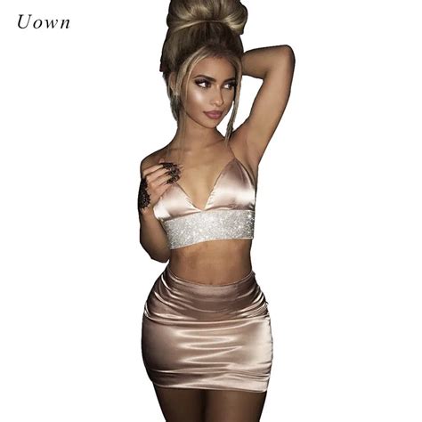 2 Piece Outfit Set Women Crop Top And Skirt Set Bodycon Satin Slip Suits Summer Sexy Night Club