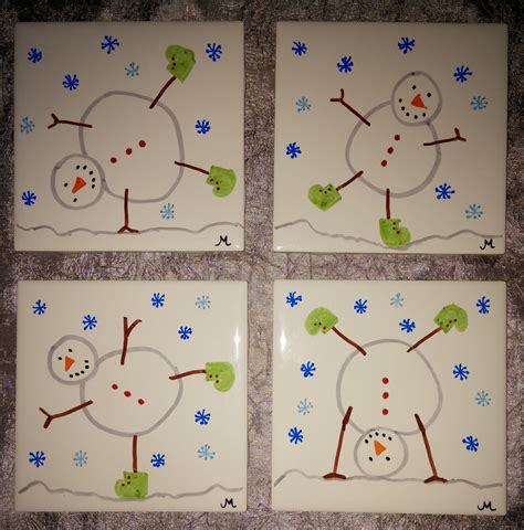 Tumbling Snowman Coasters 4x4 Tiles Sharpie Markers 4x4 Piece Of