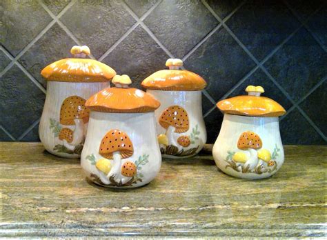 Vintage 1974 Handpainted Mushroom Canister Set Set Of 4 With Lids