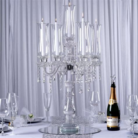 32 Handcrafted 5 Arm Crystal Glass Candelabra Hurricane Taper Candle Holder Centerpieces