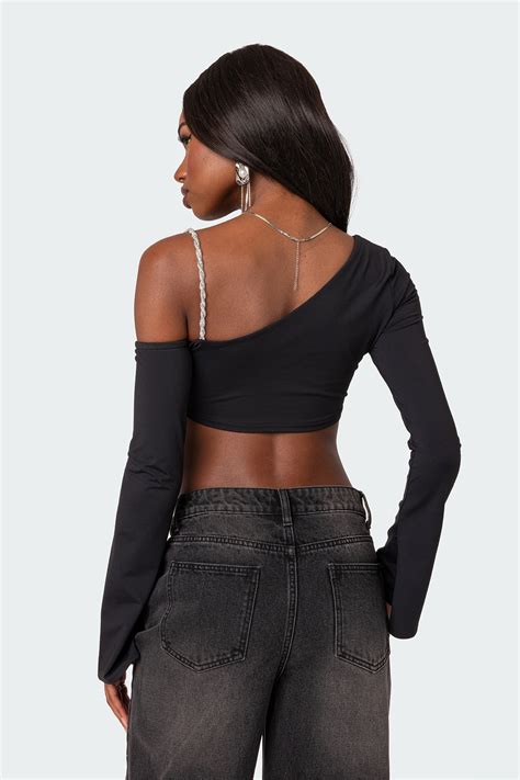 Rhinestone Strap Asymmetric Crop Top Edikted