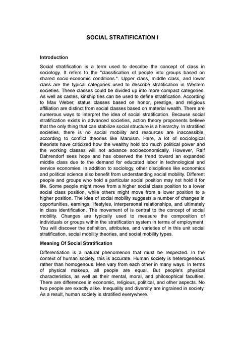 Social Stratification I SOCIAL STRATIFICATION I Introduction Social