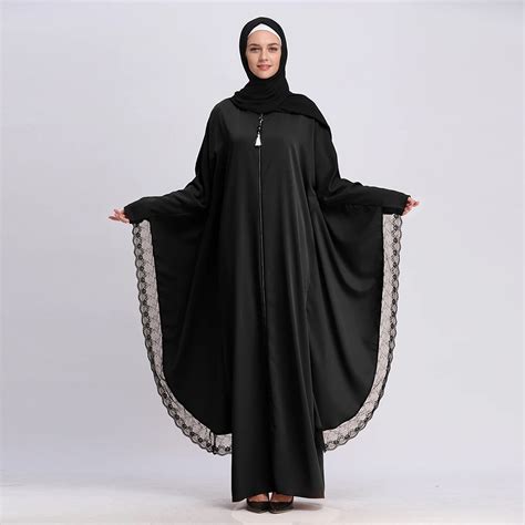 Elegant Muslim Lace Abaya Bat Sleeve Maxi Dress Cardigan Zipper Long