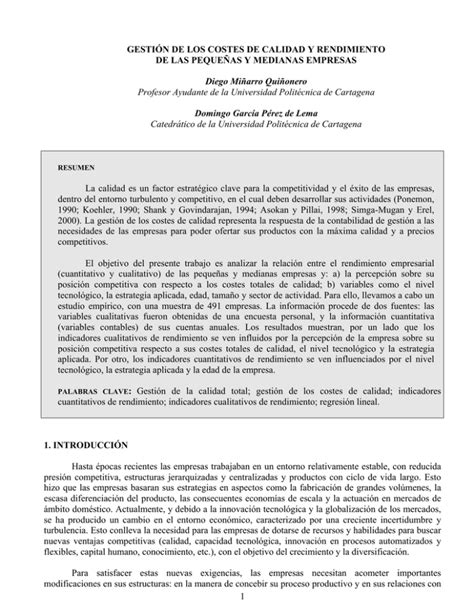 Gestión de los costes de calidad y rendimeinto de las pequeñas y