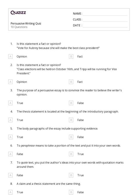 Persuasive Writing Worksheets For Th Grade On Quizizz Free