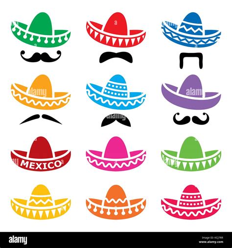 Mexican Sombrero Hat With Moustache Or Mustache Vector Icons Set Stock