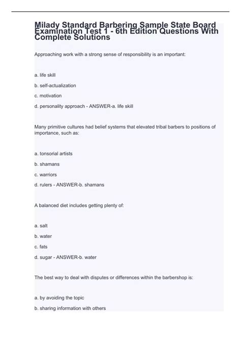 Milady Standard Barbering Sample State Board Examination Test Th