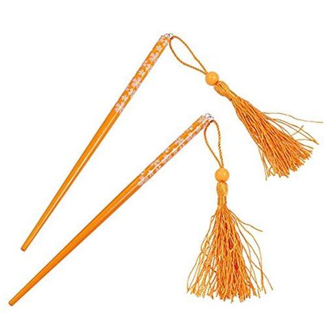 Oriental Floral Wood Chopstick Hair Stick With Tassels Orange Pair