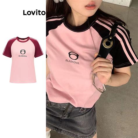 Lovito Casual Letter Colorblock Oversized Contrast Binding T Shirt For