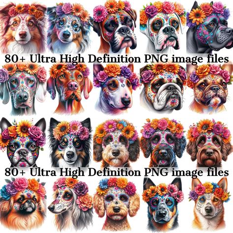 Dia De Los Muertos Dog Clipart Bundle, 75+ Dog PNG, Dog Breed Sugar