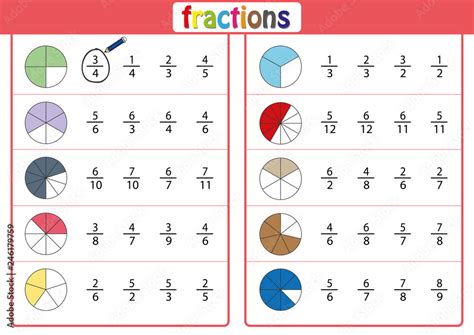 Circle The Correct Fraction Mathematics Math Worksheet Stock Vector