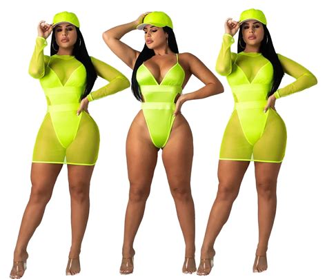 Wholesale Women Solid Color Mesh Sexy Bathing Bodycon Dress Suit Two