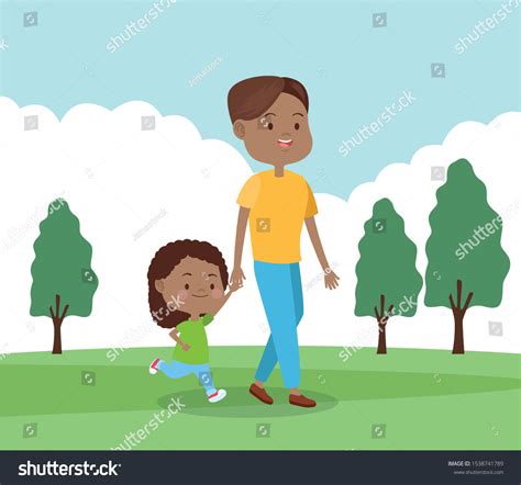 Cartoon Father Walking His Daughter Park Stock Vector Royalty Free