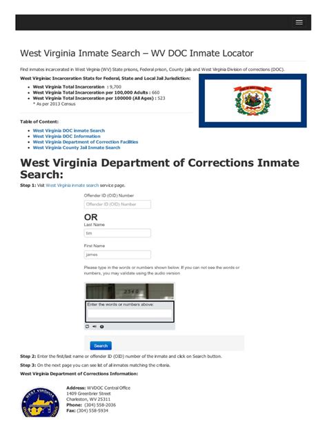 West Virginia Inmate Search Department of Corrections Lookup | PDF ...
