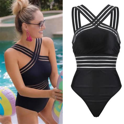 Frauen Bodysuit Badeanz Ge Sommer One Piece Bade Bekleidung F R Dame High Neck Bandage Cross