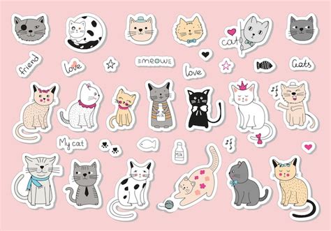 Premium Vector Set Stickers With Cats Handdrawn Doodle