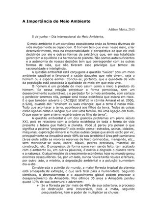 A Importância Do Meio Ambiente Texto - A importância do meio ambiente | PDF