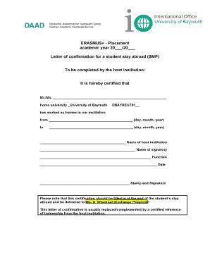 Fillable Online ERASMUS Placement Academic Year 20 20 Letter Of Fax