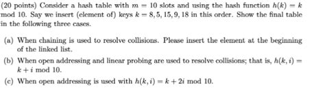 Solved 20 Points Consider A Hash Table With M 10 Slots Chegg