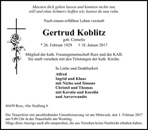 Traueranzeigen Von Gertrud Koblitz Trauer In Nrw De