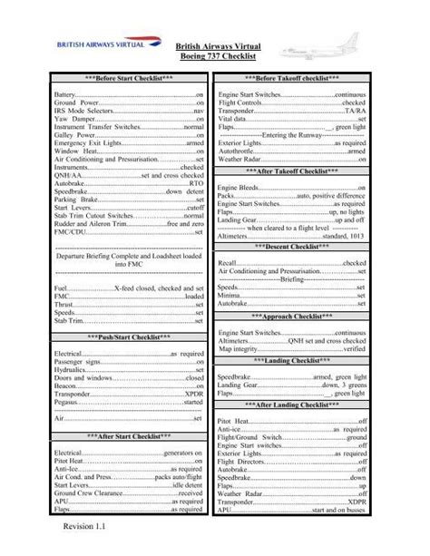 Revision 1 1 British Airways Virtual Boeing 737 Checklist British