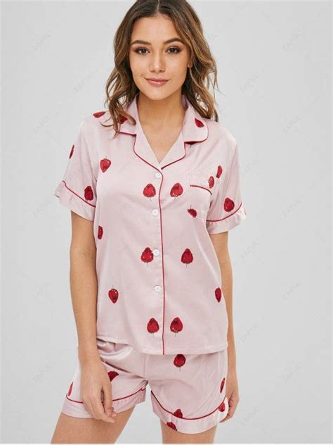 [34 Off] 2021 Strawberry Button Up Short Sleeve Pajama Set In Light