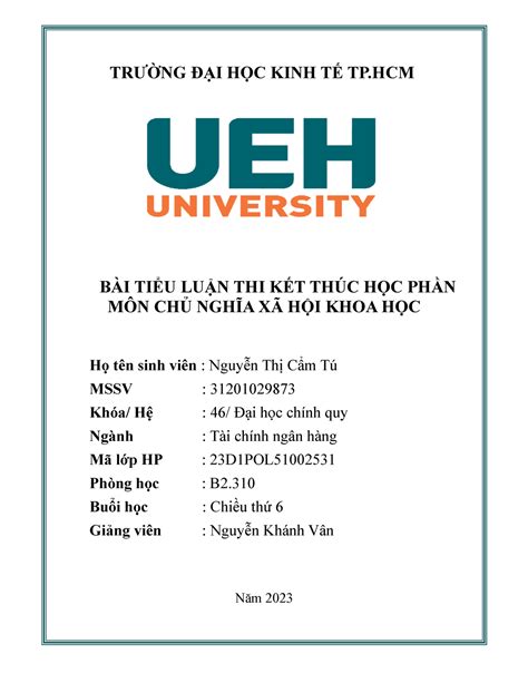 Chủ nghĩa xã hội khoa học TRƯỜNG ĐẠI HỌC KINH TẾ TP BÀI TIỂU LUẬN THI