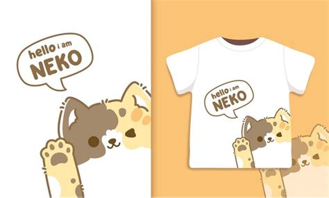 Ilustración de diseños de camisetas de gato kawaii lindo Vector Premium