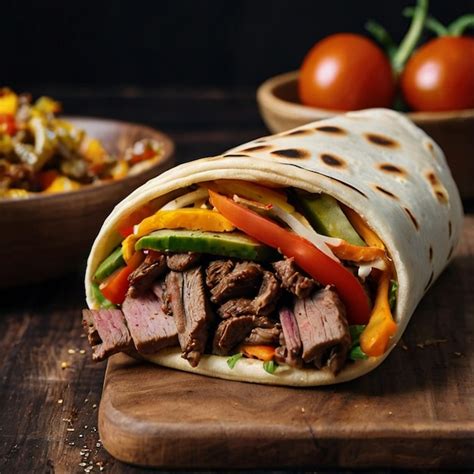 Premium Photo Shawarma Sandwich In Pita With Beef Meat Vegetables And